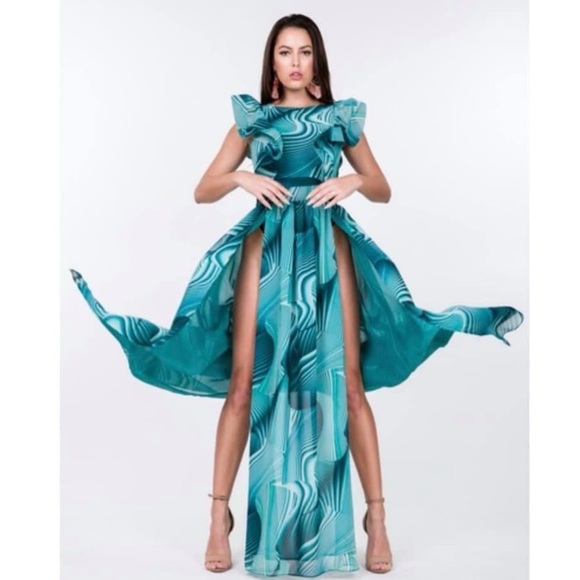 Cqbycq Dresses & Skirts - CQbyCQ Teal Maxi Dress with Ruffles Sleeveless Size Large Statement Dress